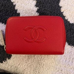 CHANEL Caviar Zip Around CC coin purse wallet case Pinky Red EUC